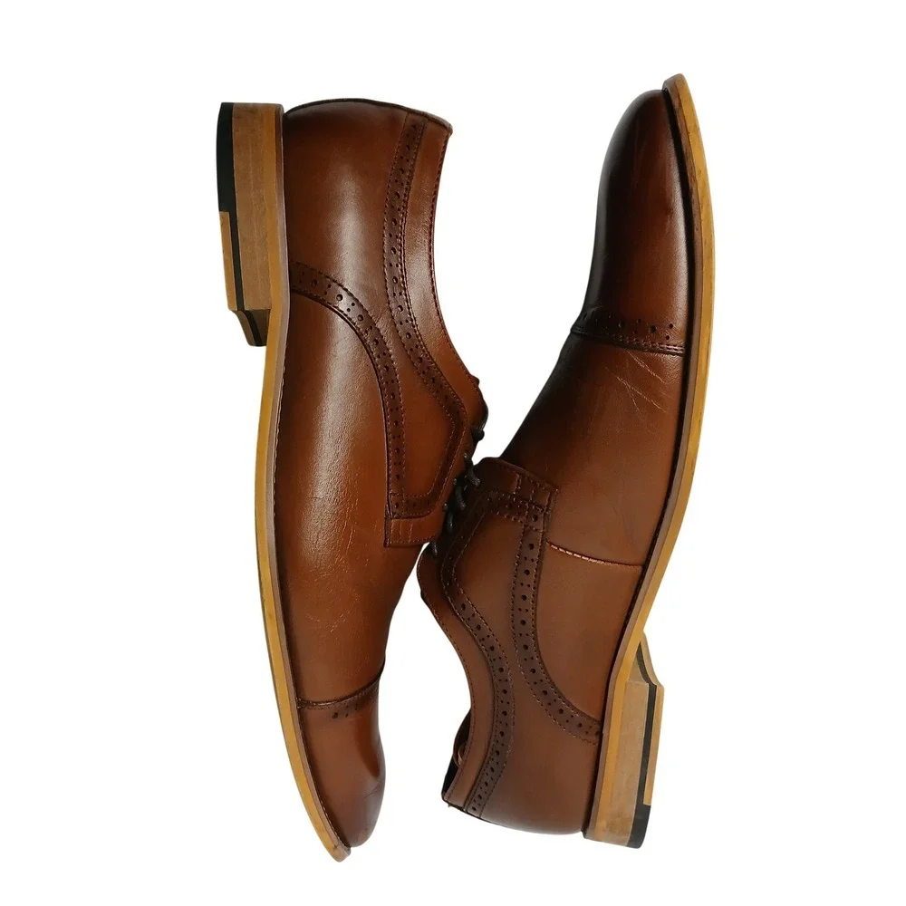 Stacy Adams Mens Cap Toe Oxford Dress‎ Shoes Cognac Brown Leather Brogue Lace Up